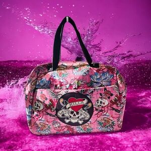 NEW Ed Hardy Pink Skull Rhinestones Patch Print Large Women's Bag 18"x14"x6" NWT